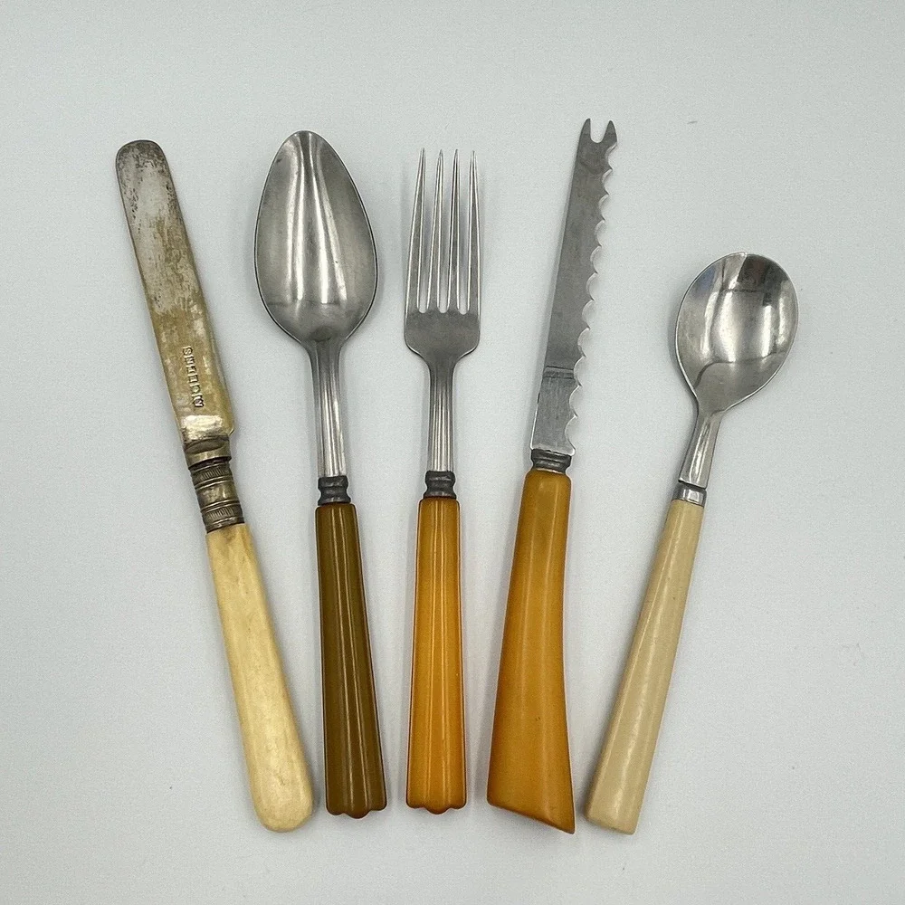 Vintage Bakelite Handle Flatware LOT Knife Fork Spoon Butterscotch Cream Brown